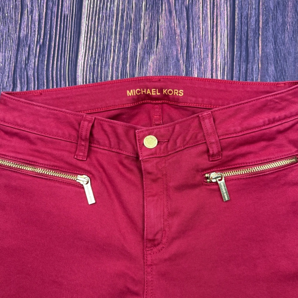 Michael Kors Izzy Skinny 8 Red Cotton Blend‎ Modern Gold Zip Ankle Pants Jeans - Picture 6 of 9